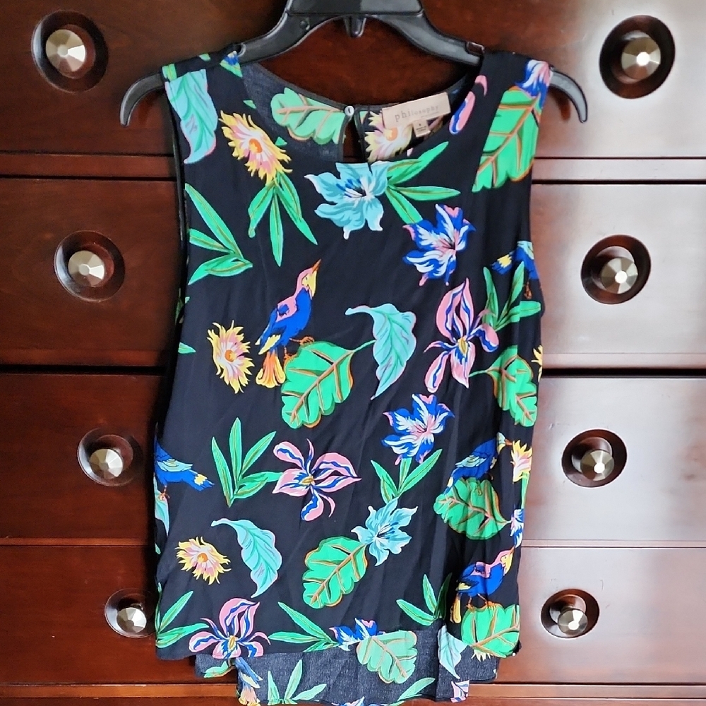 Blue and Black Sleeveless Tank Top with Tropical Print